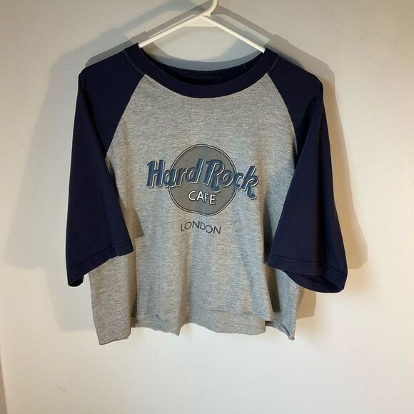 Vintage Hard Rock Cafe London Baseball Shirt. Cropped, L. Grey and Navy - Picture 9 of 11